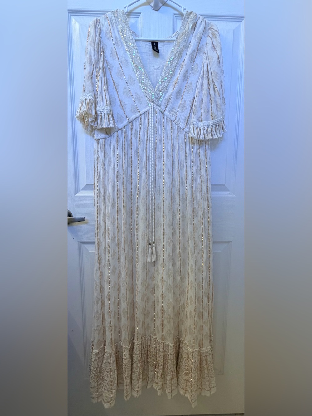 Bohemian Gauze Lined Cream Maxi Dress with Gold Sequin and Tassel Details